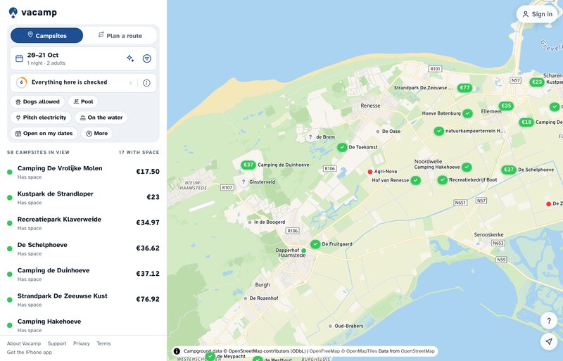 The Vacamp map of the coast at Renesse in Zeeland after a check for one night: green rings with prices where campsites have room, red where they are full, and a list of seventeen with space