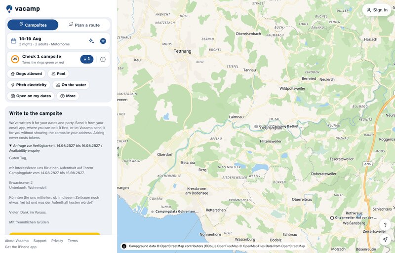 A campsite near Lake Constance open on the Vacamp map, with an enquiry already written in German for 14 to 16 August, two adults and a motorhome, and buttons to write to the campsite, copy the message or send it through Vacamp