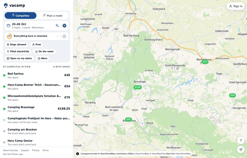 The Vacamp map of the Harz after a check: a handful of campsites with prices or a question mark, and a list of eighty-seven campsites in view, four with space