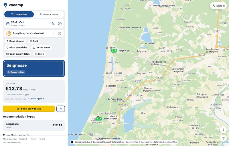 A campsite at Seignosse open on the Vacamp map: twelve euros seventy-three for one night, one unit free, checked a few minutes ago, and a yellow button to book on the campsite's website
