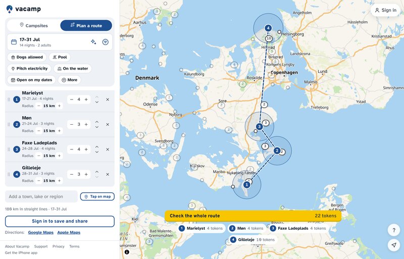 The route Claude made in the Vacamp route planner: four stops in Denmark, Marielyst on Falster, Møn, Faxe Ladeplads and Gilleleje, each with its dates and a circle of campsites, and a yellow button to check the whole route